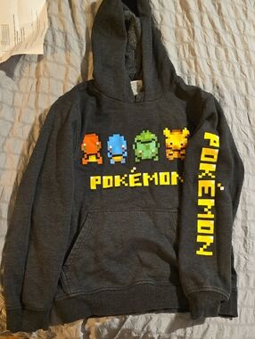 Pokemon Dark Gray Hoodie with Pixel Pikachu, Bulbasaur, Squirtle, Charmander